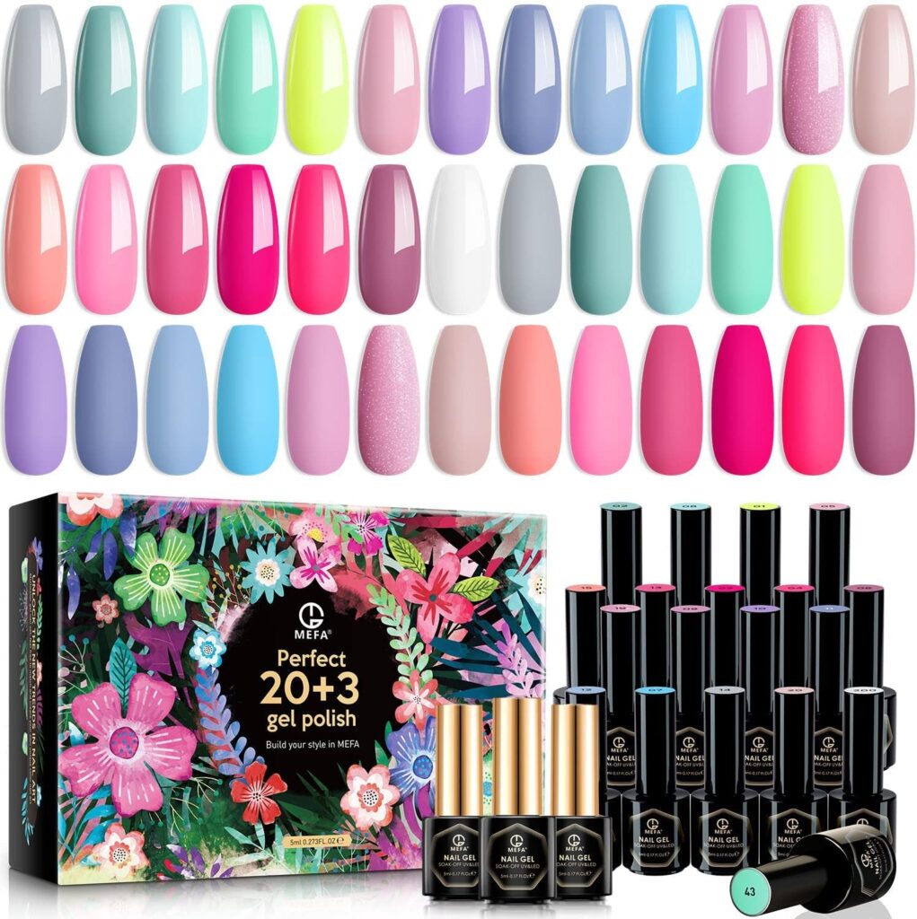 MEFA Gel Nail Polish Set 20+3 Pcs, Summer Pastel Hot Pink Sage Green Blue Cotton Candy Colors Soak Off Nail Gel Kit with Glossy Shine Matte Top and Base Coat for Nail Art Salon Design Manicure Gifts for Women Girls