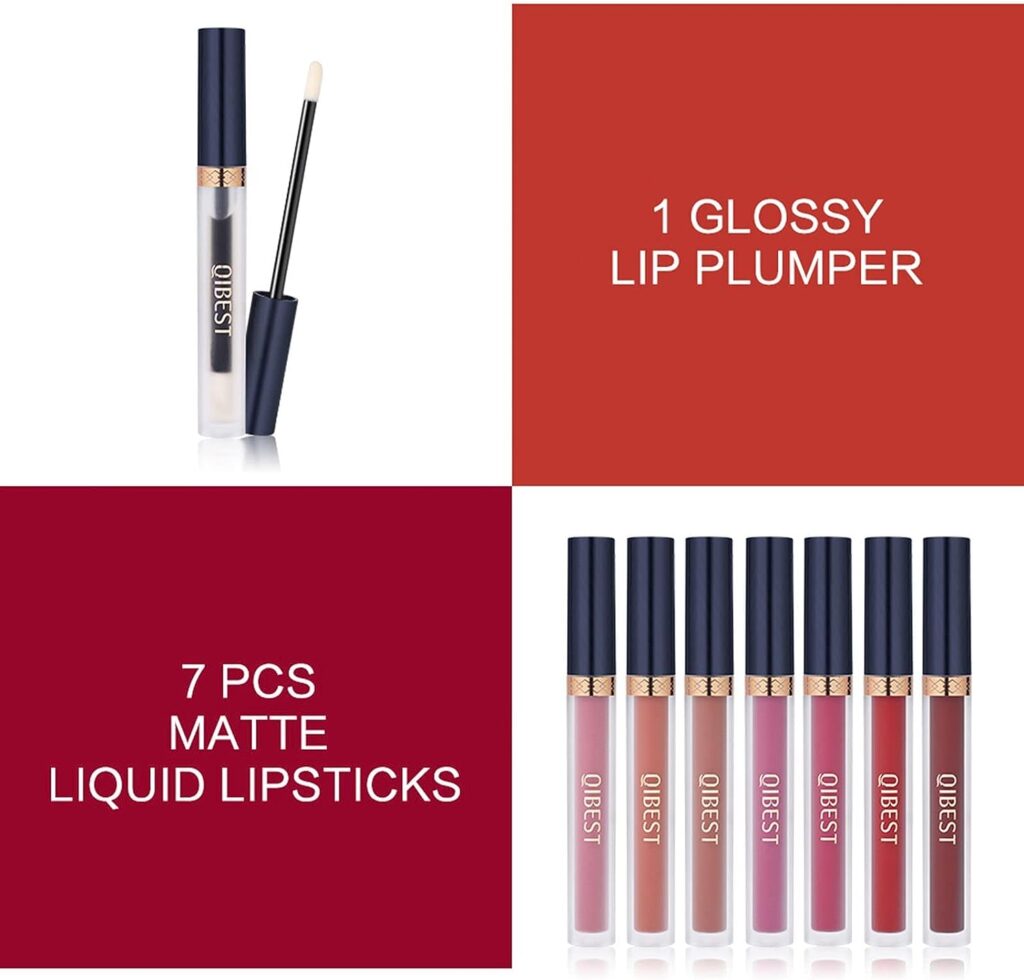 QiBest 7Pcs Matte Liquid Lipstick + 1Pcs Lip Plumper Makeup Set Kit, Pigmented Long Lasting Lip Gloss Set, Velvet Waterproof Lip Makeup Gift Sets for Girls and Women